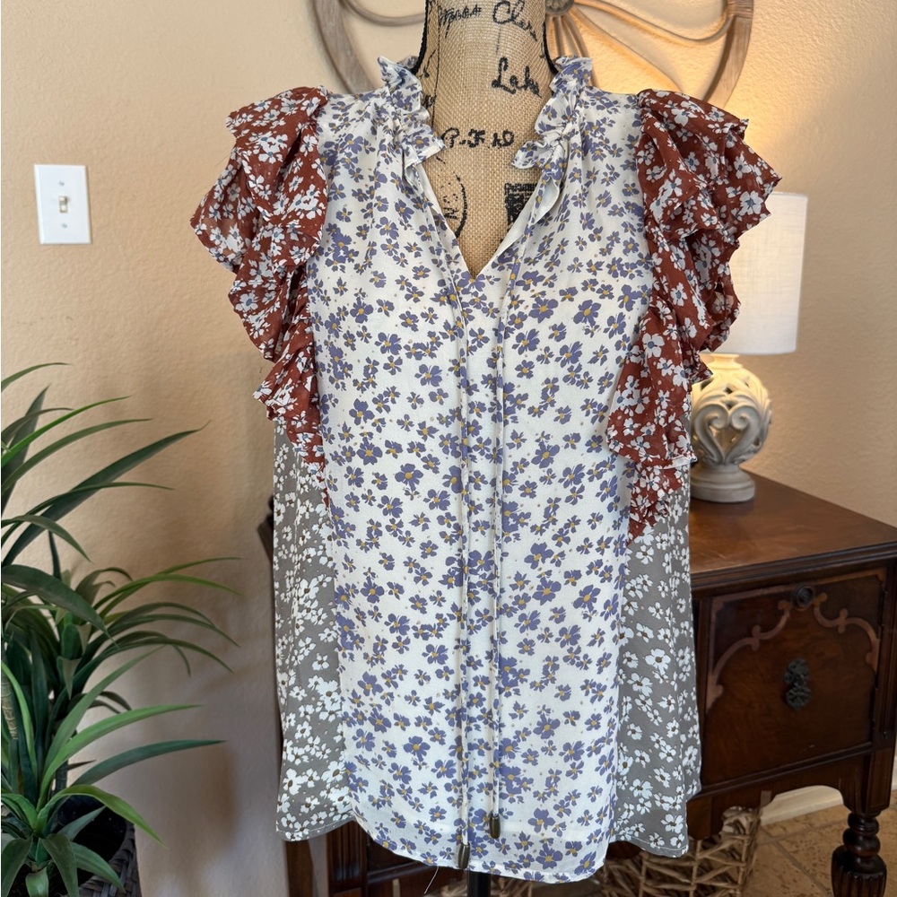 Entro Multicolor Floral Ruffle Sleeve Blouse - Picture 13 of 14